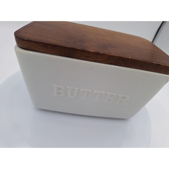 Better‎ Homes Gardens Porcelain Embossed Butter Dish Farmhouse Acacia Wood White - Picture 2 of 9